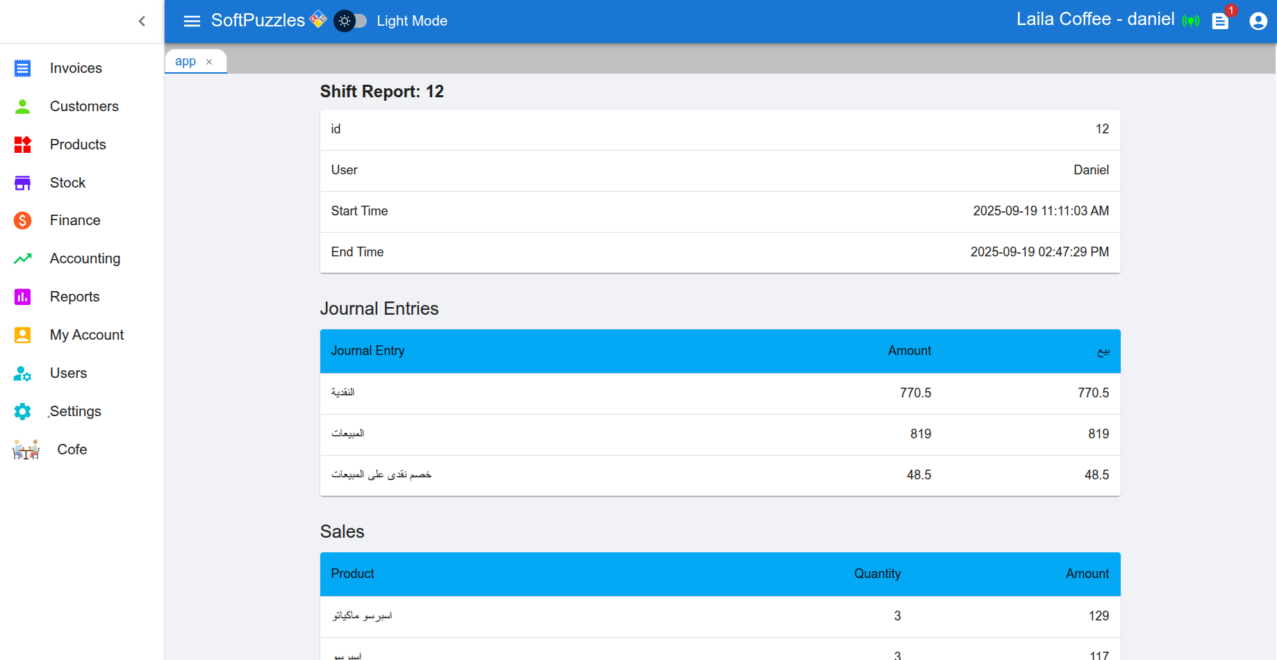 Shift report with details of sales and Journal Entries